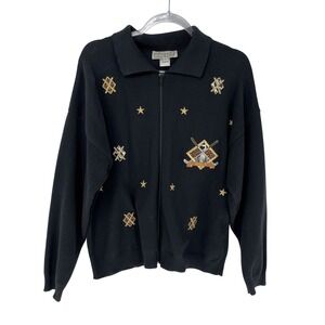 Vintage Golf Zip WomensCardigan L Sweater Black Embroidered Stars Y2K Preppy